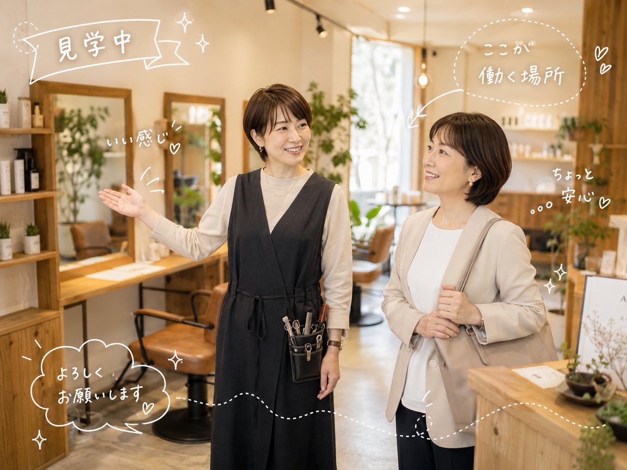 サロン見学で店内を案内するスタッフと応募者