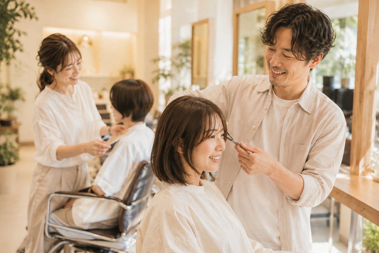 サロンでお客様の髪を仕上げる2人のスタイリスト