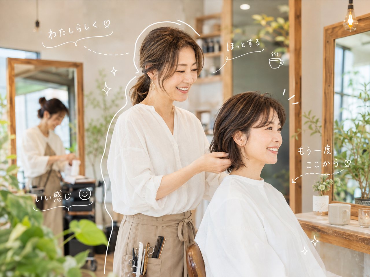 笑顔でお客様の髪を仕上げる女性スタイリスト